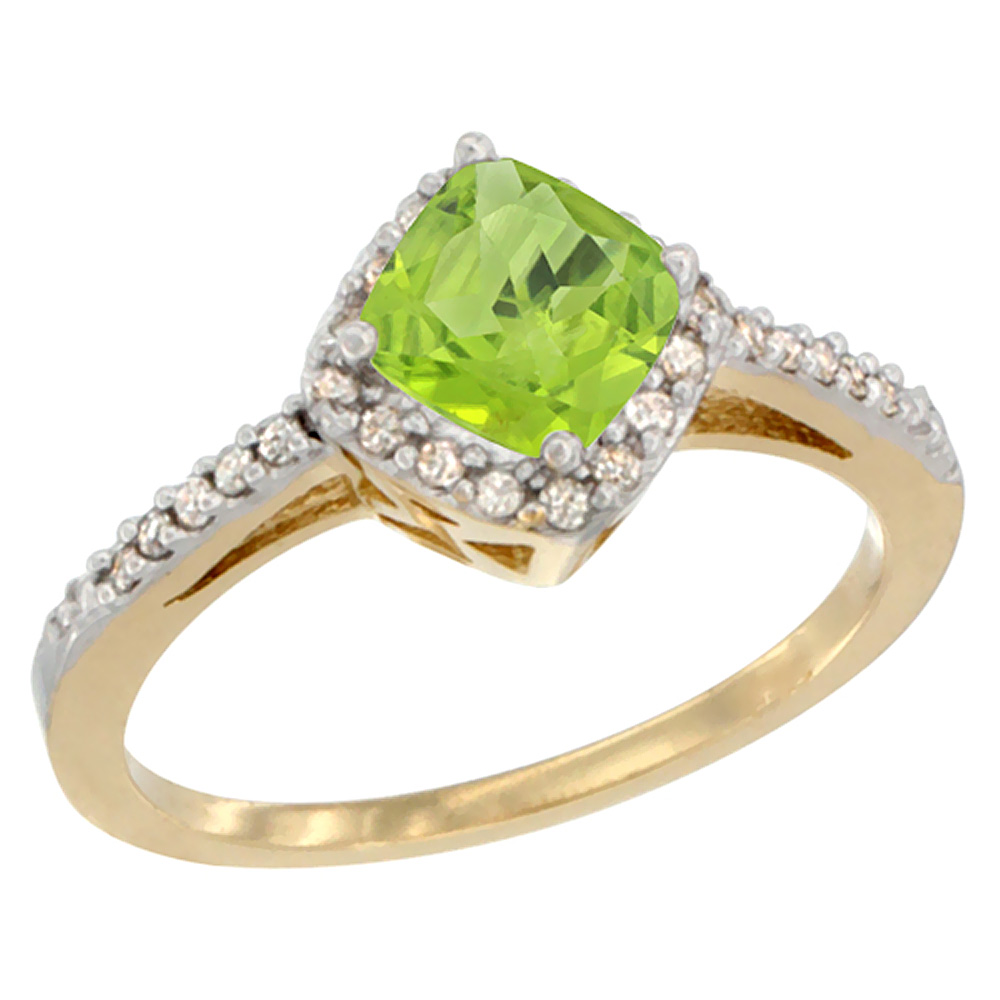 10K Yellow Gold Natural Peridot Ring Cushion-cut 6mm Halo Diamond Accent, sizes 5 - 10