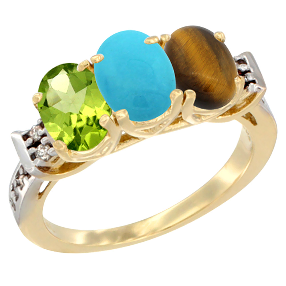 14K Yellow Gold Natural Peridot, Turquoise & Tiger Eye Ring 3-Stone Oval 7x5 mm Diamond Accent, sizes 5 - 10