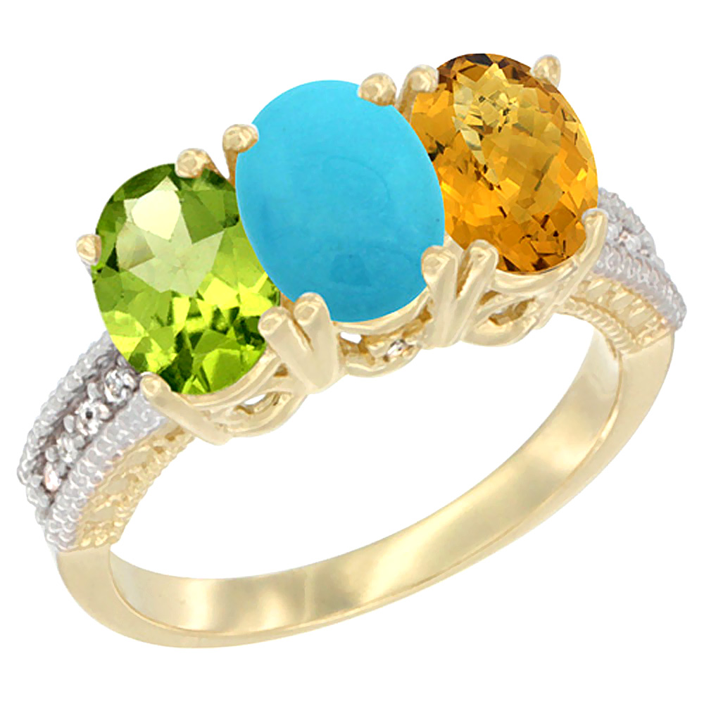 10K Yellow Gold Natural Peridot, Turquoise &amp; Whisky Quartz Ring 3-Stone Oval 7x5 mm, sizes 5 - 10