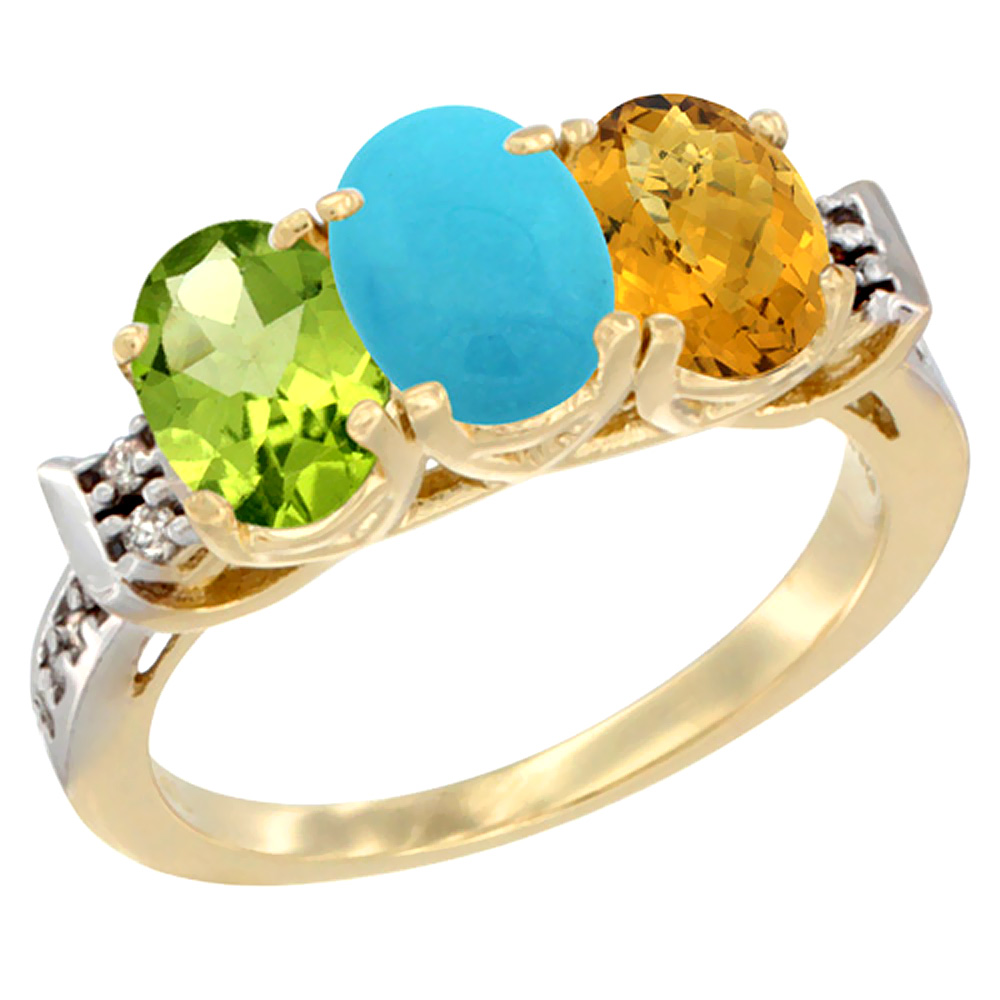 14K Yellow Gold Natural Peridot, Turquoise & Whisky Quartz Ring 3-Stone Oval 7x5 mm Diamond Accent, sizes 5 - 10