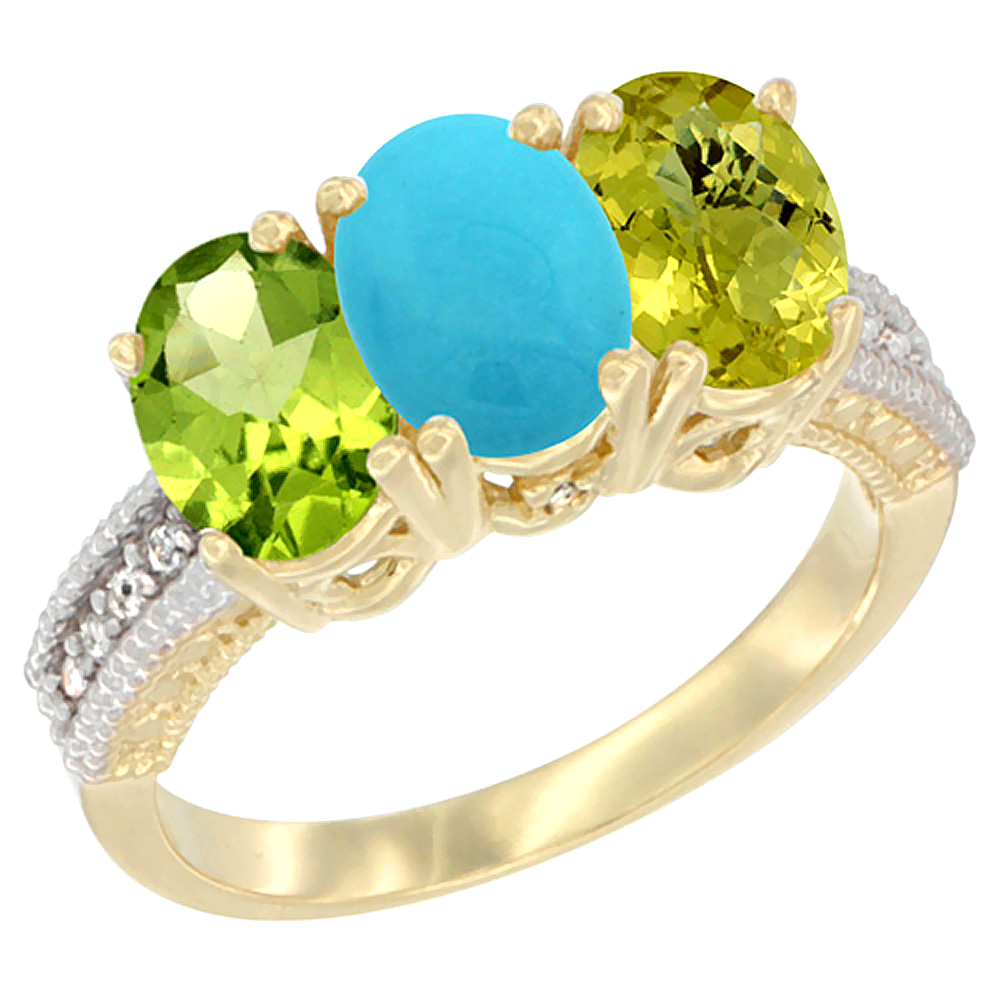 14K Yellow Gold Natural Peridot, Turquoise & Lemon Quartz Ring 3-Stone Oval 7x5 mm Diamond Accent, sizes 5 - 10