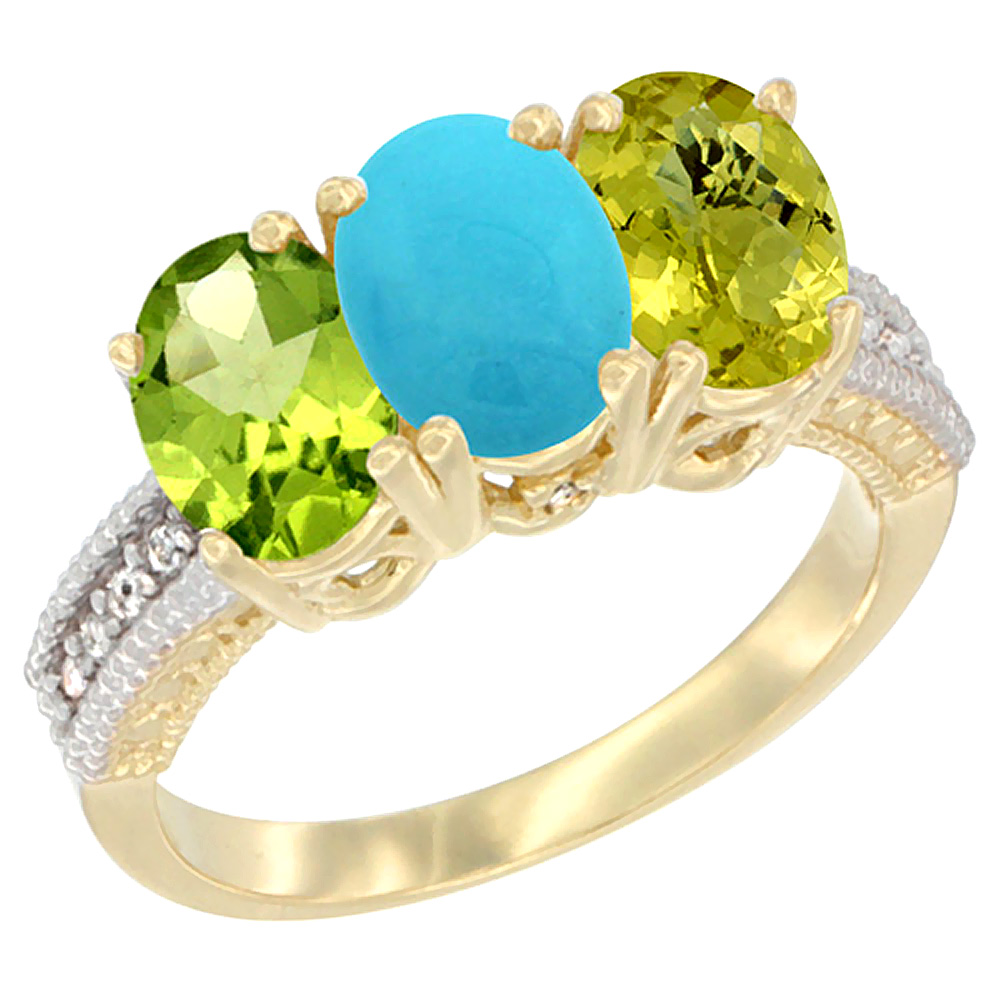 10K Yellow Gold Natural Peridot, Turquoise & Lemon Quartz Ring 3-Stone Oval 7x5 mm, sizes 5 - 10