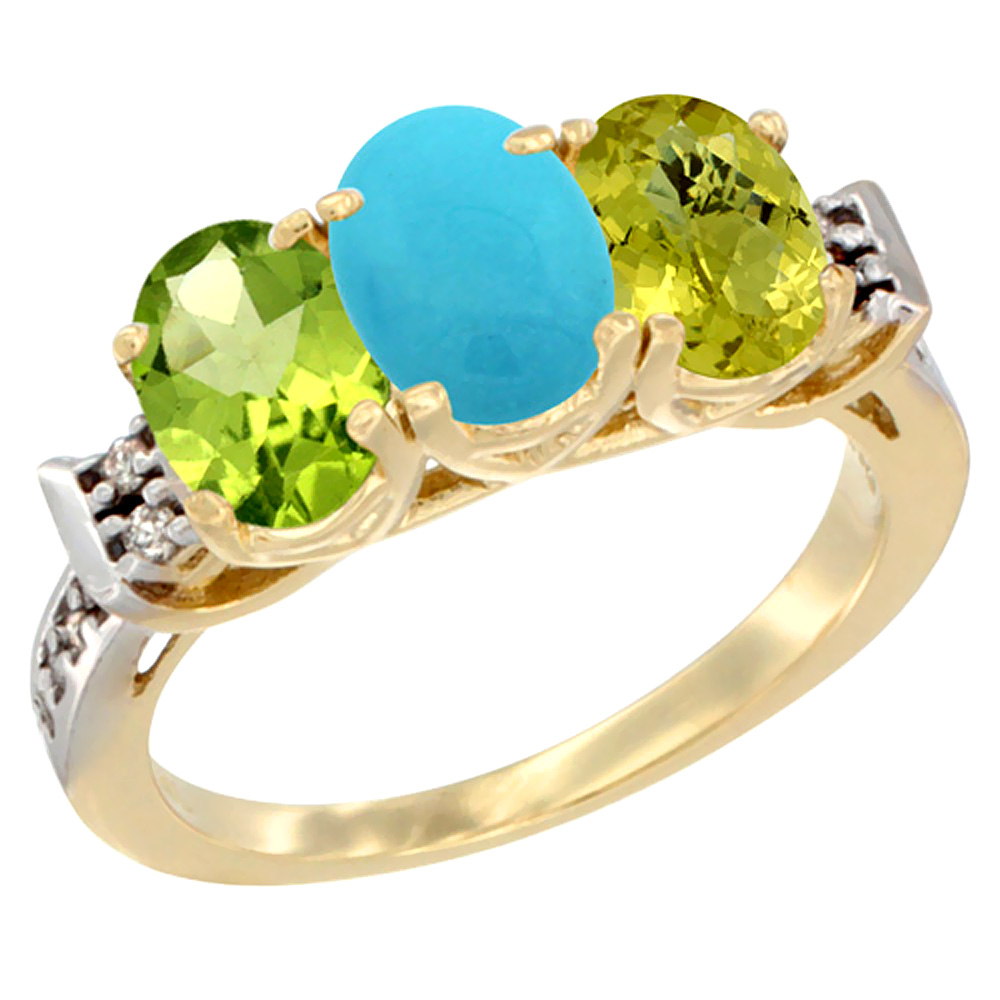 10K Yellow Gold Natural Peridot, Turquoise &amp; Lemon Quartz Ring 3-Stone Oval 7x5 mm Diamond Accent, sizes 5 - 10