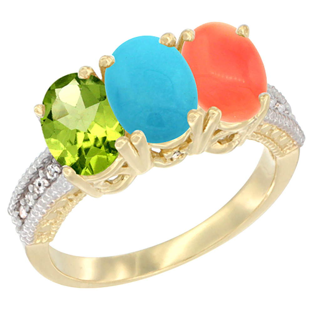 14K Yellow Gold Natural Peridot, Turquoise & Coral Ring 3-Stone Oval 7x5 mm Diamond Accent, sizes 5 - 10