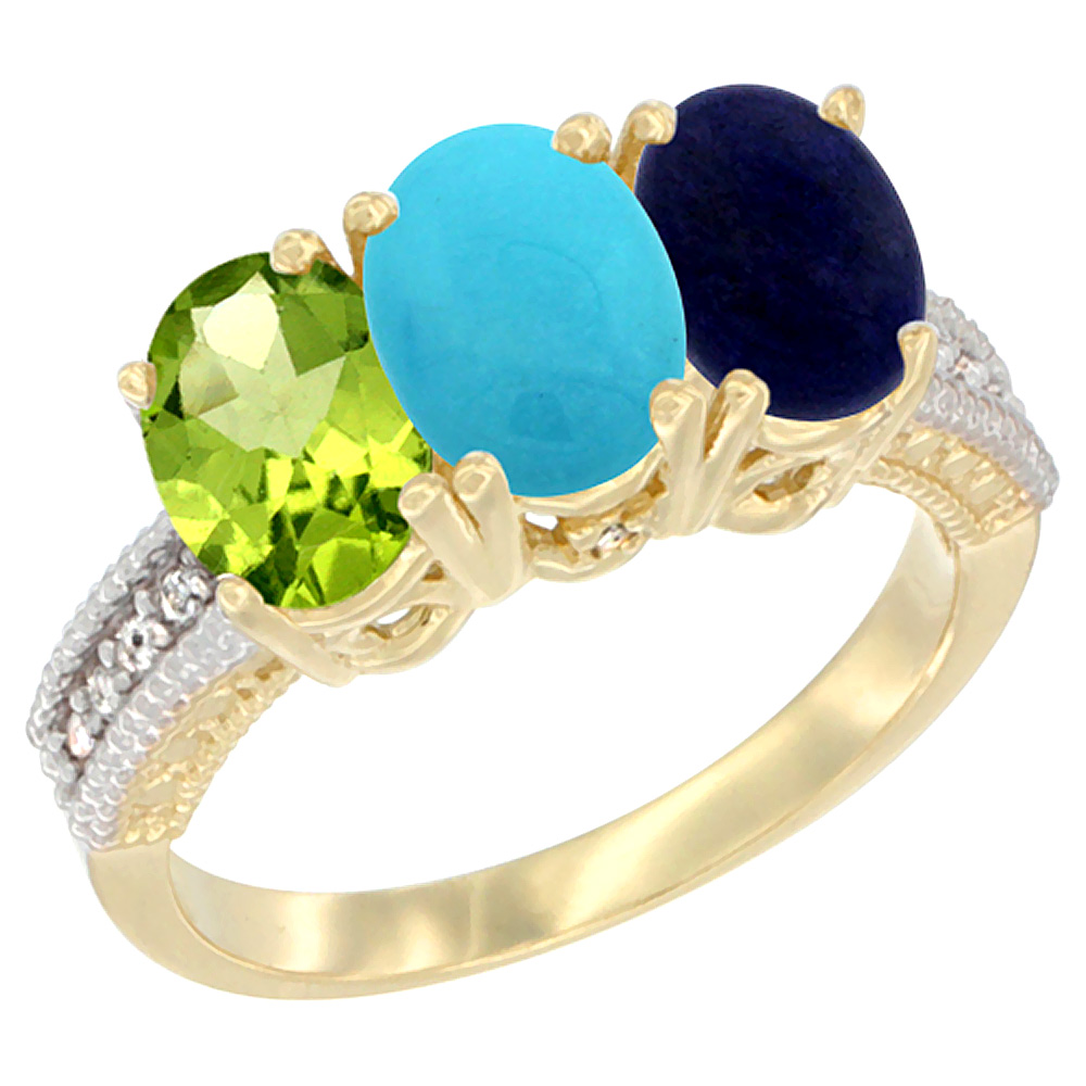 10K Yellow Gold Natural Peridot, Turquoise &amp; Lapis Ring 3-Stone Oval 7x5 mm, sizes 5 - 10