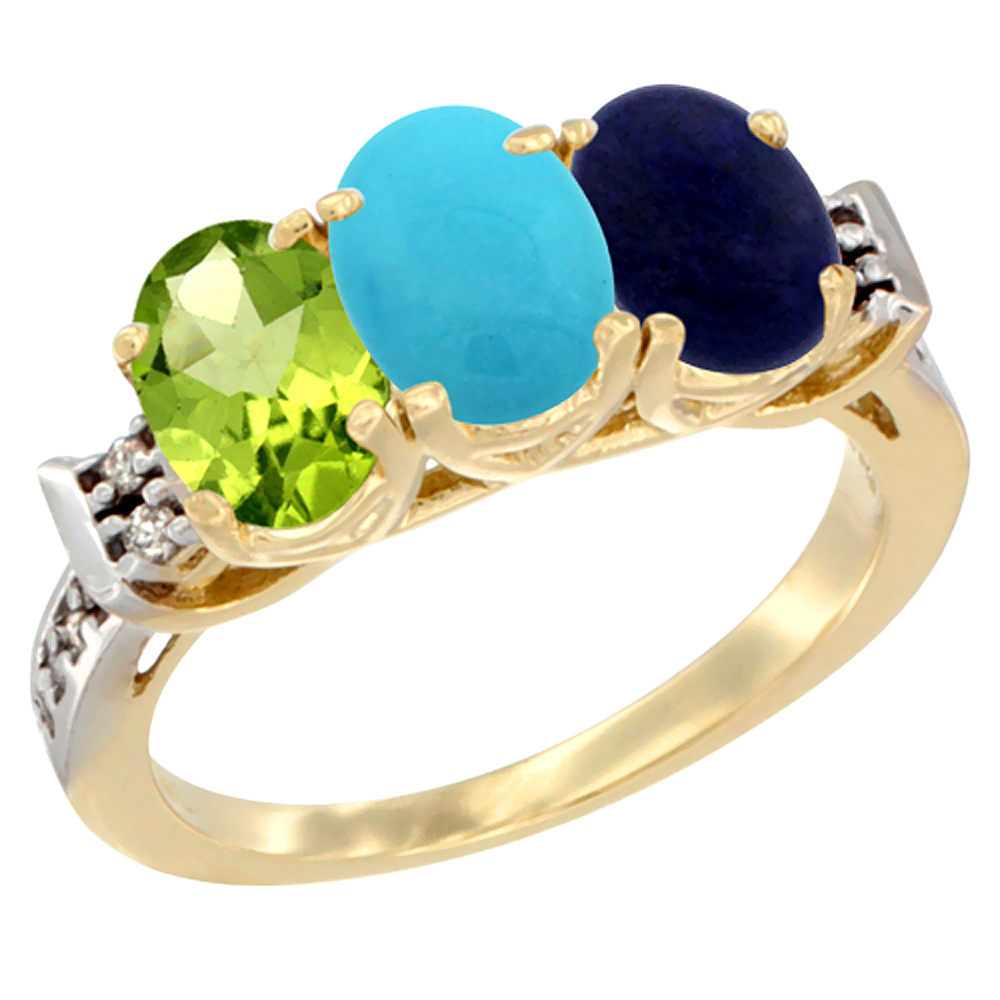 14K Yellow Gold Natural Peridot, Turquoise & Lapis Ring 3-Stone Oval 7x5 mm Diamond Accent, sizes 5 - 10