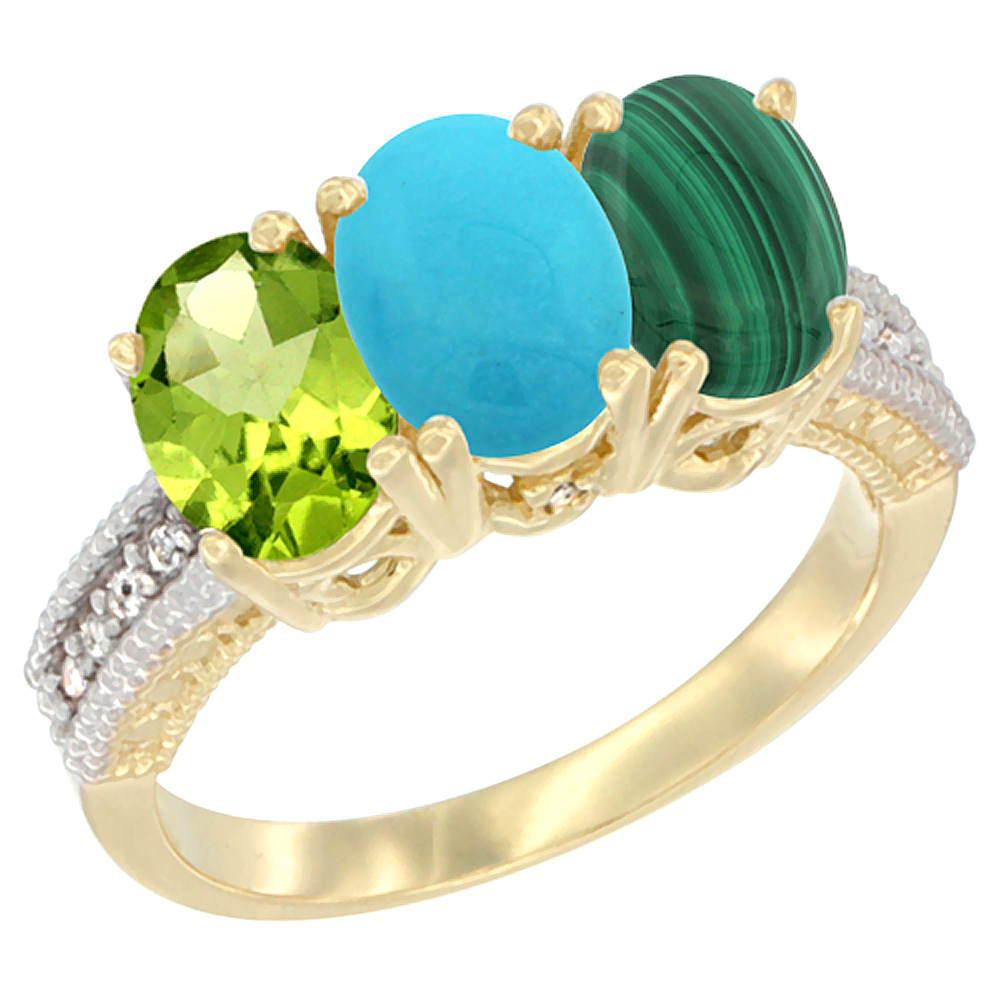 10K Yellow Gold Natural Peridot, Turquoise & Malachite Ring 3-Stone Oval 7x5 mm, sizes 5 - 10