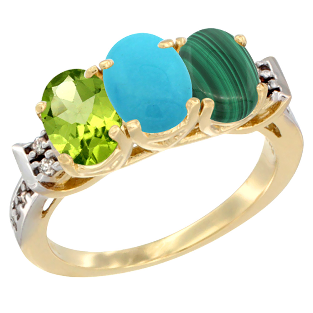 10K Yellow Gold Natural Peridot, Turquoise &amp; Malachite Ring 3-Stone Oval 7x5 mm Diamond Accent, sizes 5 - 10