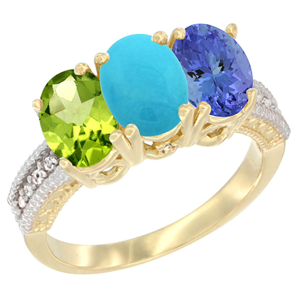 10K Yellow Gold Natural Peridot, Turquoise & Tanzanite Ring 3-Stone Oval 7x5 mm, sizes 5 - 10