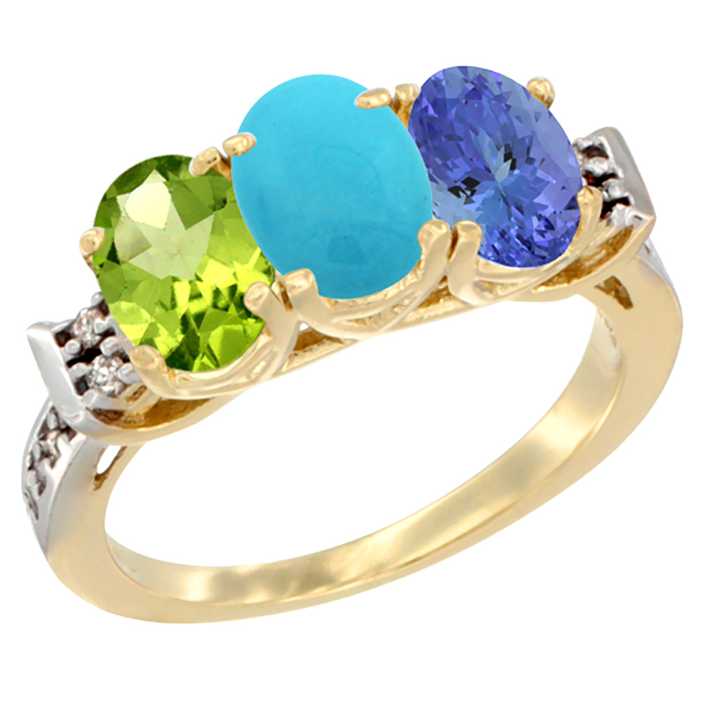 14K Yellow Gold Natural Peridot, Turquoise &amp; Tanzanite Ring 3-Stone Oval 7x5 mm Diamond Accent, sizes 5 - 10