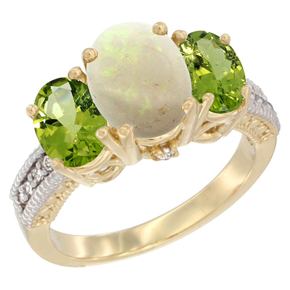 14K Yellow Gold Diamond Natural Opal Ring 3-Stone Oval 8x6mm with Peridot, sizes5-10