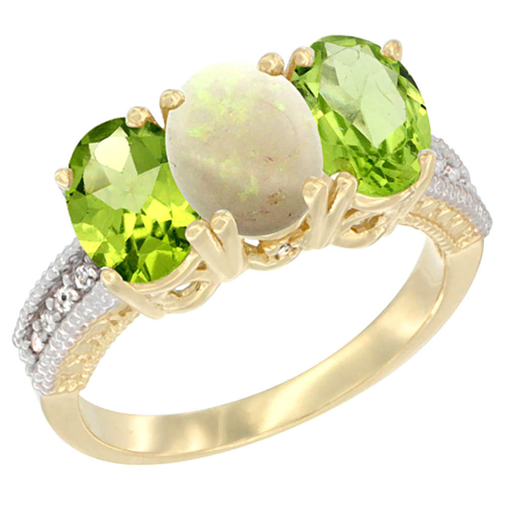 10K Yellow Gold Natural Opal & Peridot Ring 3-Stone Oval 7x5 mm, sizes 5 - 10