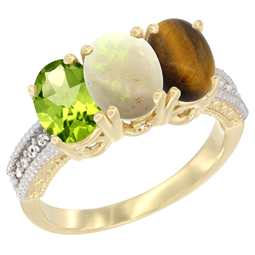 10K Yellow Gold Natural Peridot, Opal & Tiger Eye Ring 3-Stone Oval 7x5 mm, sizes 5 - 10
