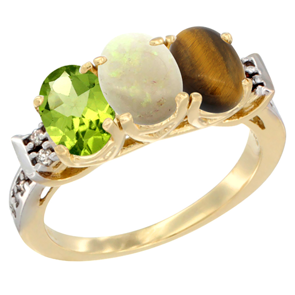 14K Yellow Gold Natural Peridot, Opal & Tiger Eye Ring 3-Stone Oval 7x5 mm Diamond Accent, sizes 5 - 10