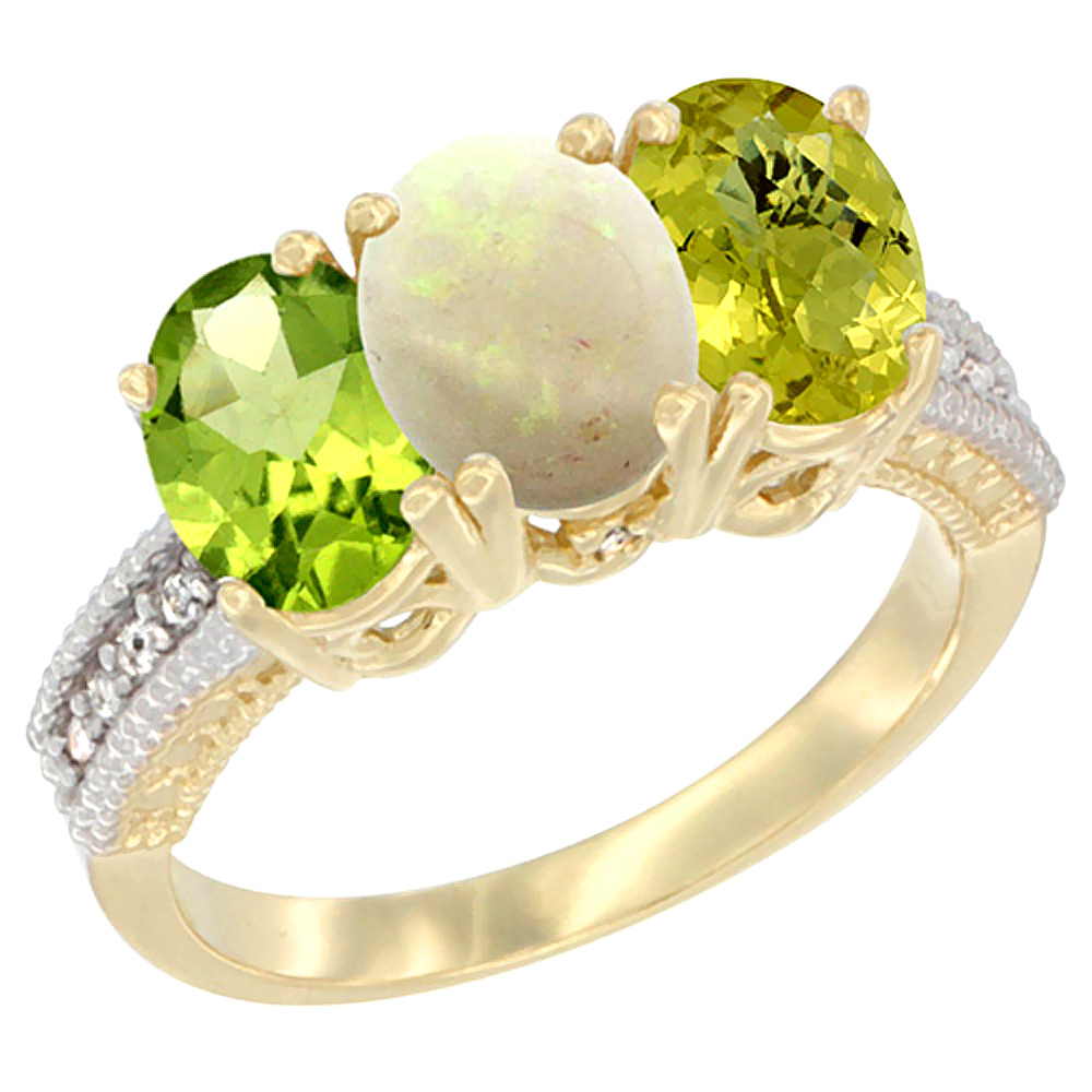 10K Yellow Gold Natural Peridot, Opal & Lemon Quartz Ring 3-Stone Oval 7x5 mm, sizes 5 - 10