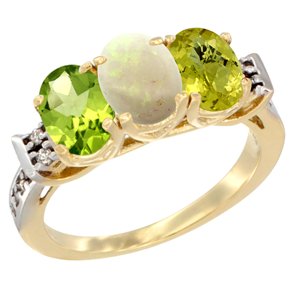 14K Yellow Gold Natural Peridot, Opal & Lemon Quartz Ring 3-Stone Oval 7x5 mm Diamond Accent, sizes 5 - 10