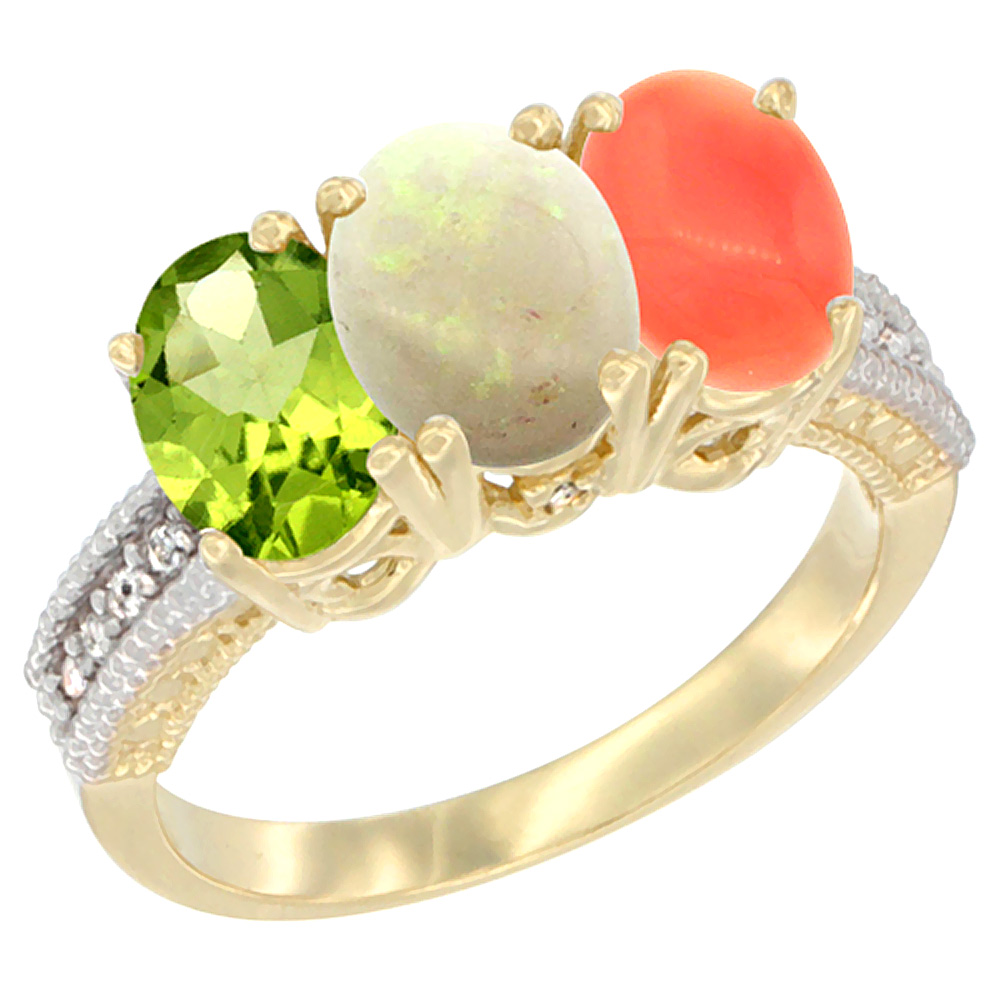 14K Yellow Gold Natural Peridot, Opal & Coral Ring 3-Stone Oval 7x5 mm Diamond Accent, sizes 5 - 10