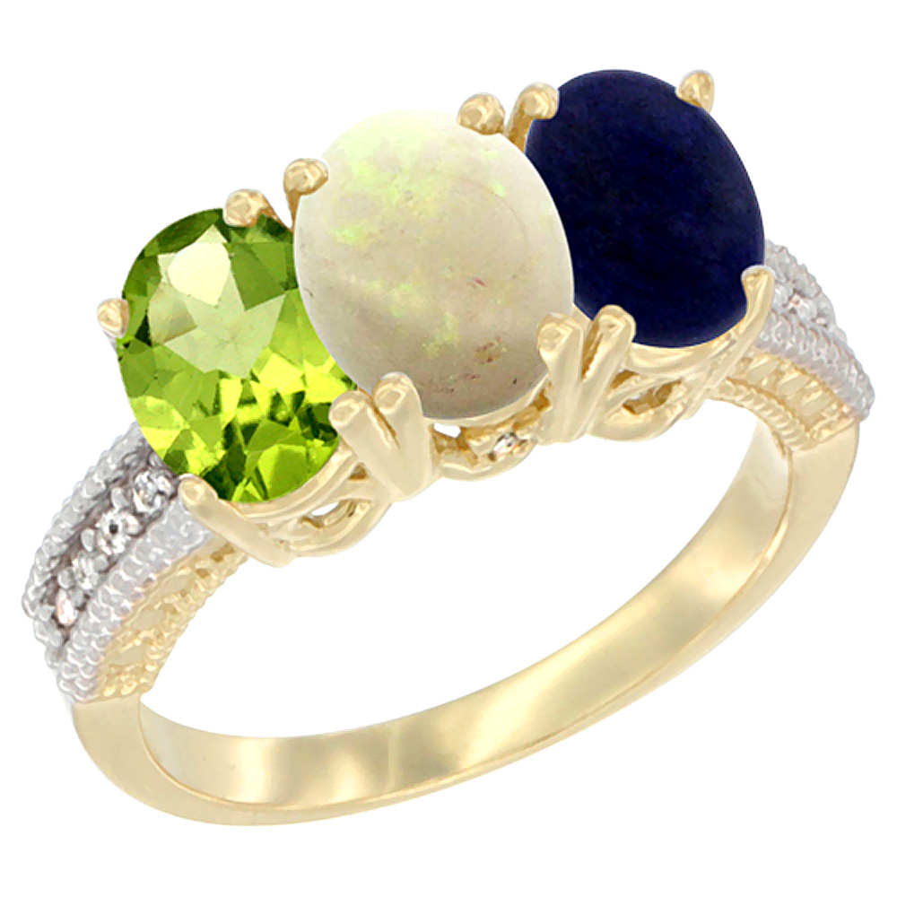 14K Yellow Gold Natural Peridot, Opal & Lapis Ring 3-Stone Oval 7x5 mm Diamond Accent, sizes 5 - 10