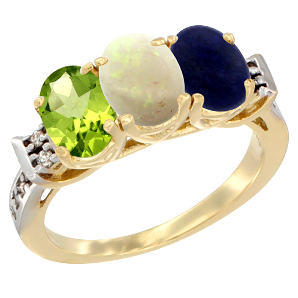 14K Yellow Gold Natural Peridot, Opal & Lapis Ring 3-Stone Oval 7x5 mm Diamond Accent, sizes 5 - 10