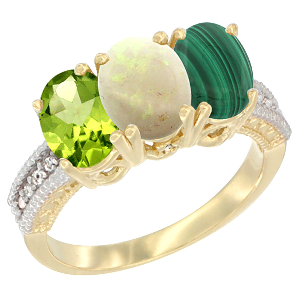 10K Yellow Gold Natural Peridot, Opal & Malachite Ring 3-Stone Oval 7x5 mm, sizes 5 - 10