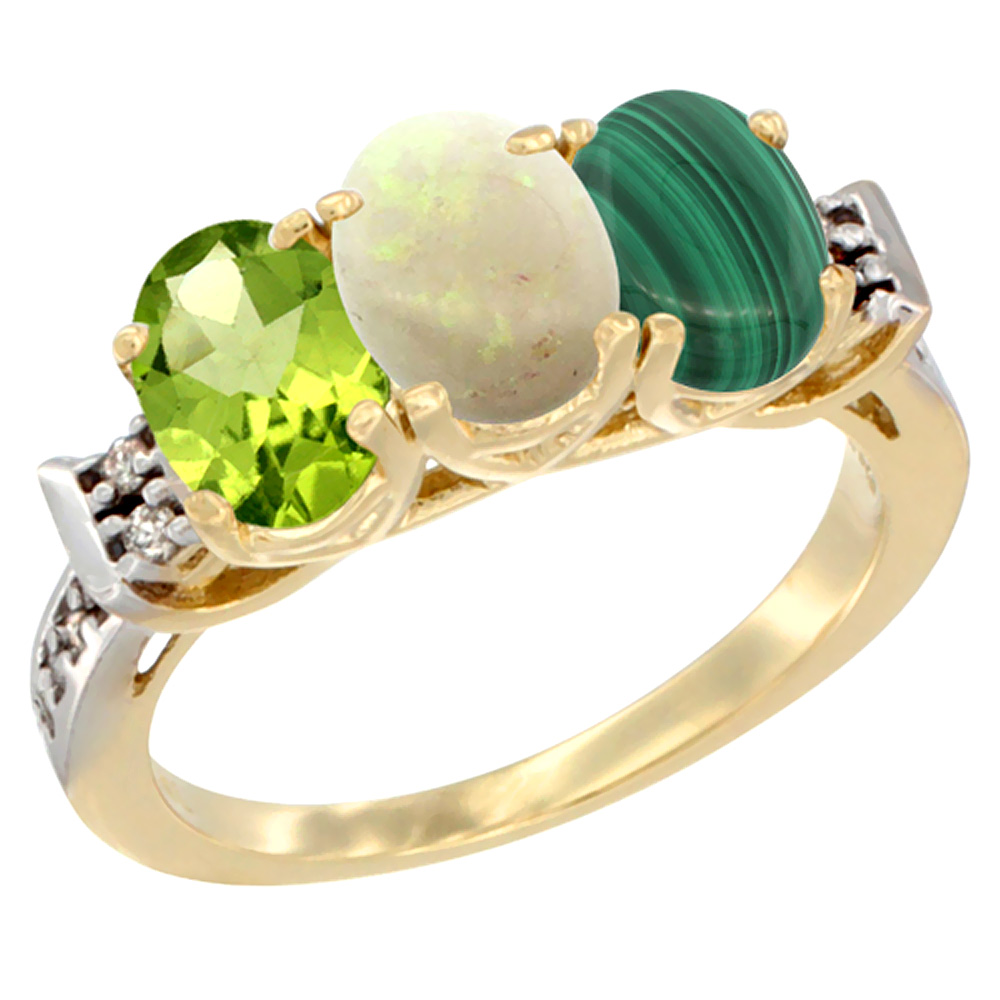 10K Yellow Gold Natural Peridot, Opal & Malachite Ring 3-Stone Oval 7x5 mm Diamond Accent, sizes 5 - 10