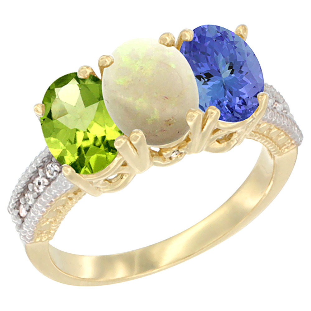 14K Yellow Gold Natural Peridot, Opal & Tanzanite Ring 3-Stone Oval 7x5 mm Diamond Accent, sizes 5 - 10