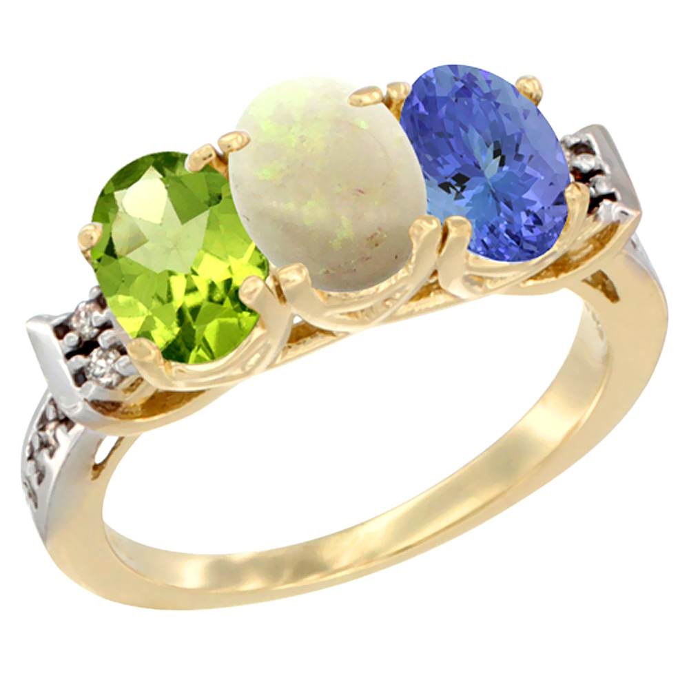10K Yellow Gold Natural Peridot, Opal & Tanzanite Ring 3-Stone Oval 7x5 mm Diamond Accent, sizes 5 - 10