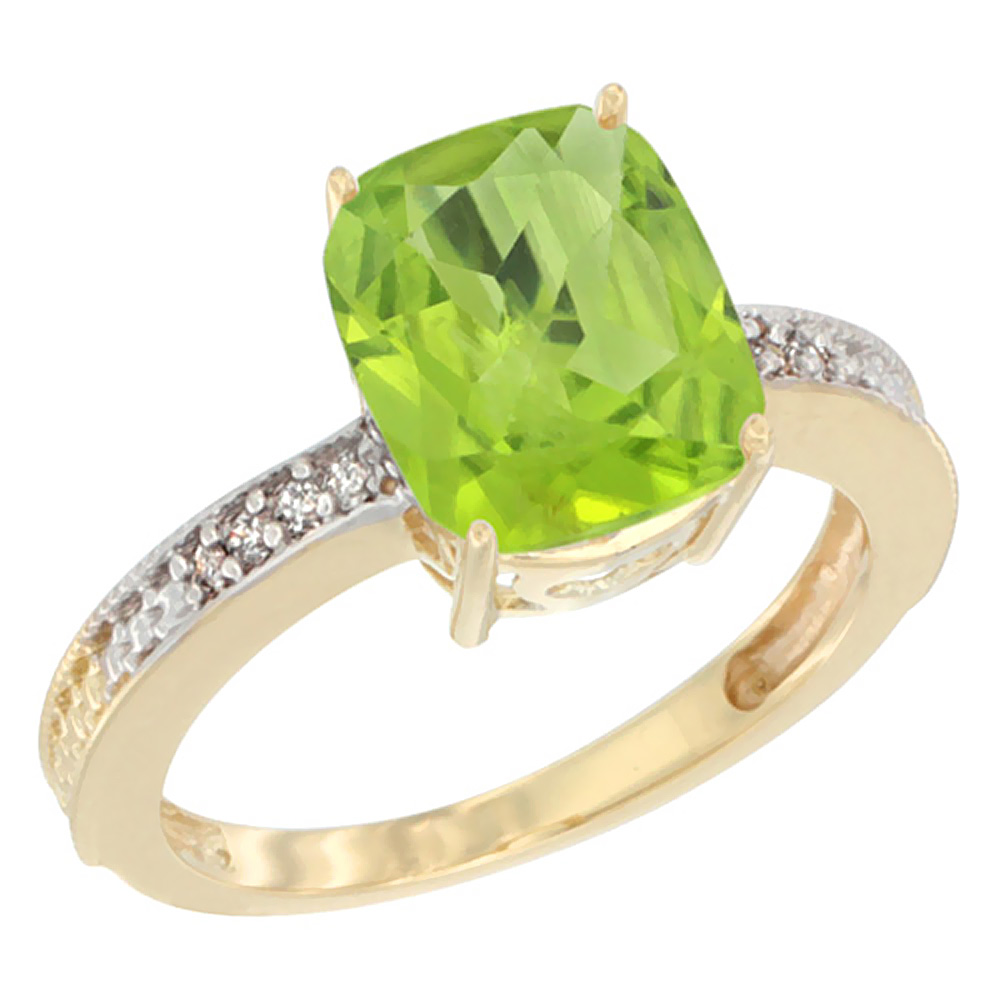 14K Yellow Gold Diamond Cushion 10x8 mm Natural Peridot Stone Ring, sizes 5 - 10