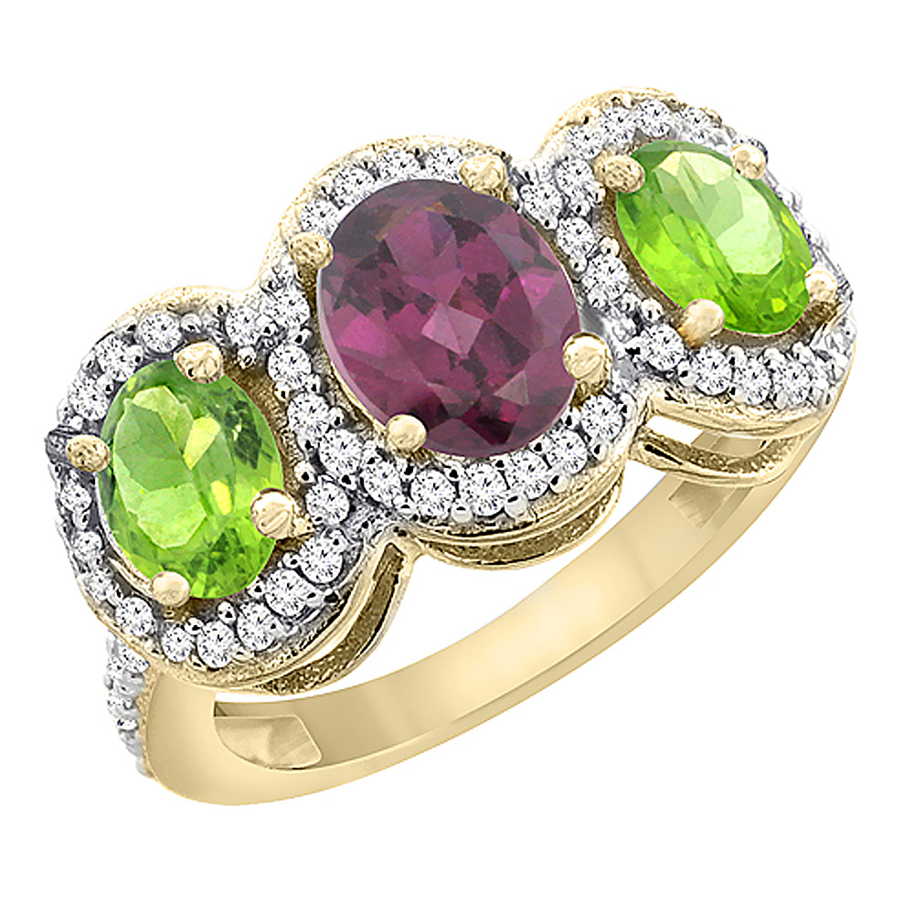 10K Yellow Gold Natural Rhodolite &amp; Peridot 3-Stone Ring Oval Diamond Accent, sizes 5 - 10