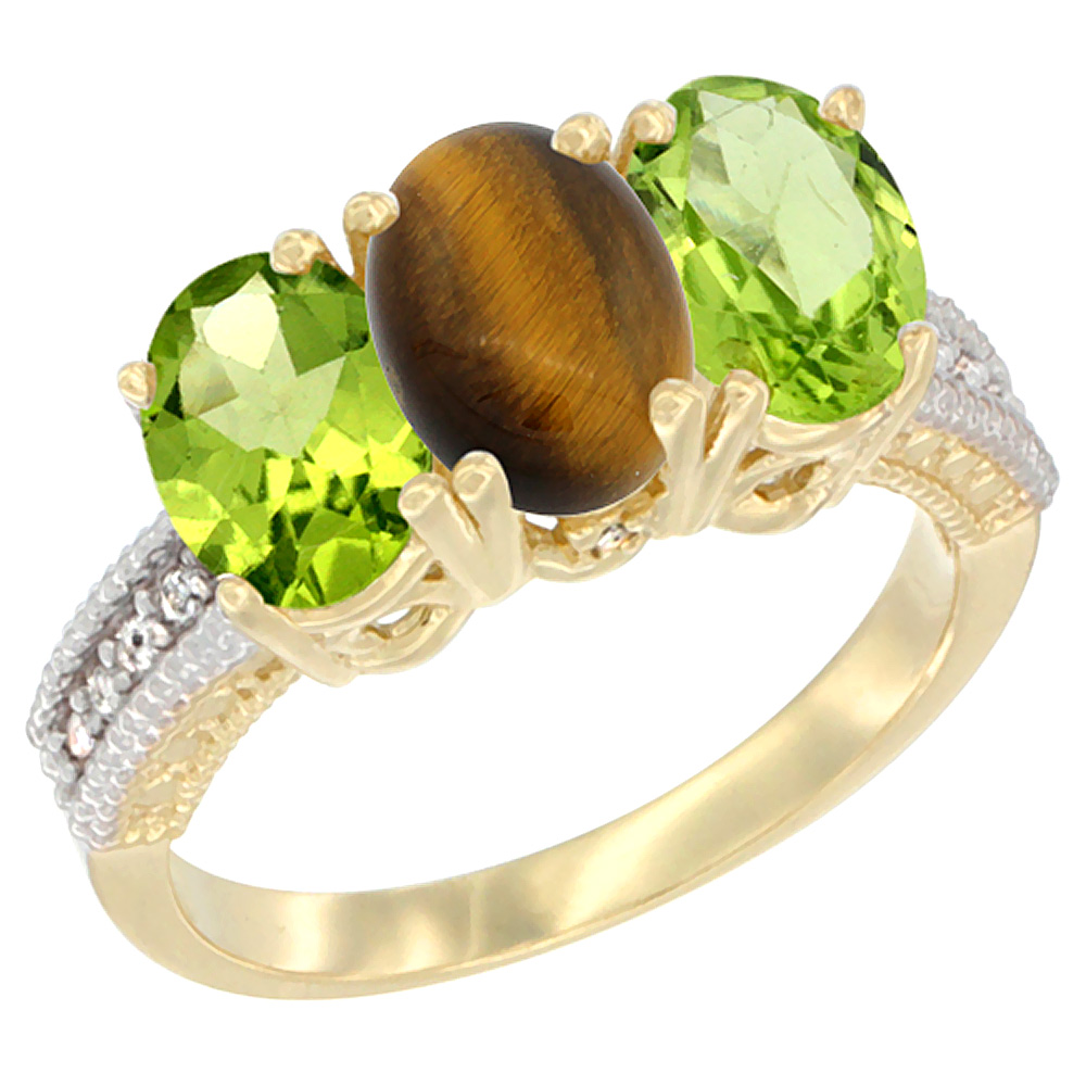 14K Yellow Gold Natural Tiger Eye &amp; Peridot Sides Ring 3-Stone Oval 7x5 mm Diamond Accent, sizes 5 - 10