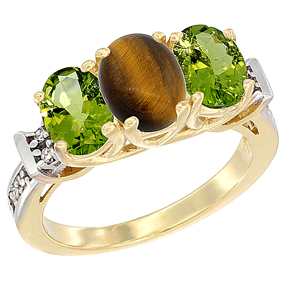 10K Yellow Gold Natural Tiger Eye & Peridot Sides Ring 3-Stone Oval Diamond Accent, sizes 5 - 10