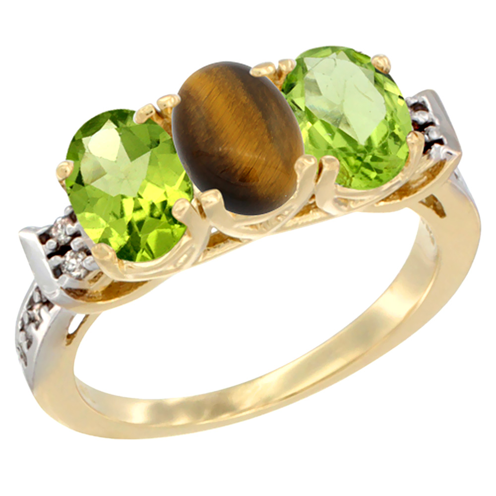 14K Yellow Gold Natural Tiger Eye &amp; Peridot Sides Ring 3-Stone Oval 7x5 mm Diamond Accent, sizes 5 - 10