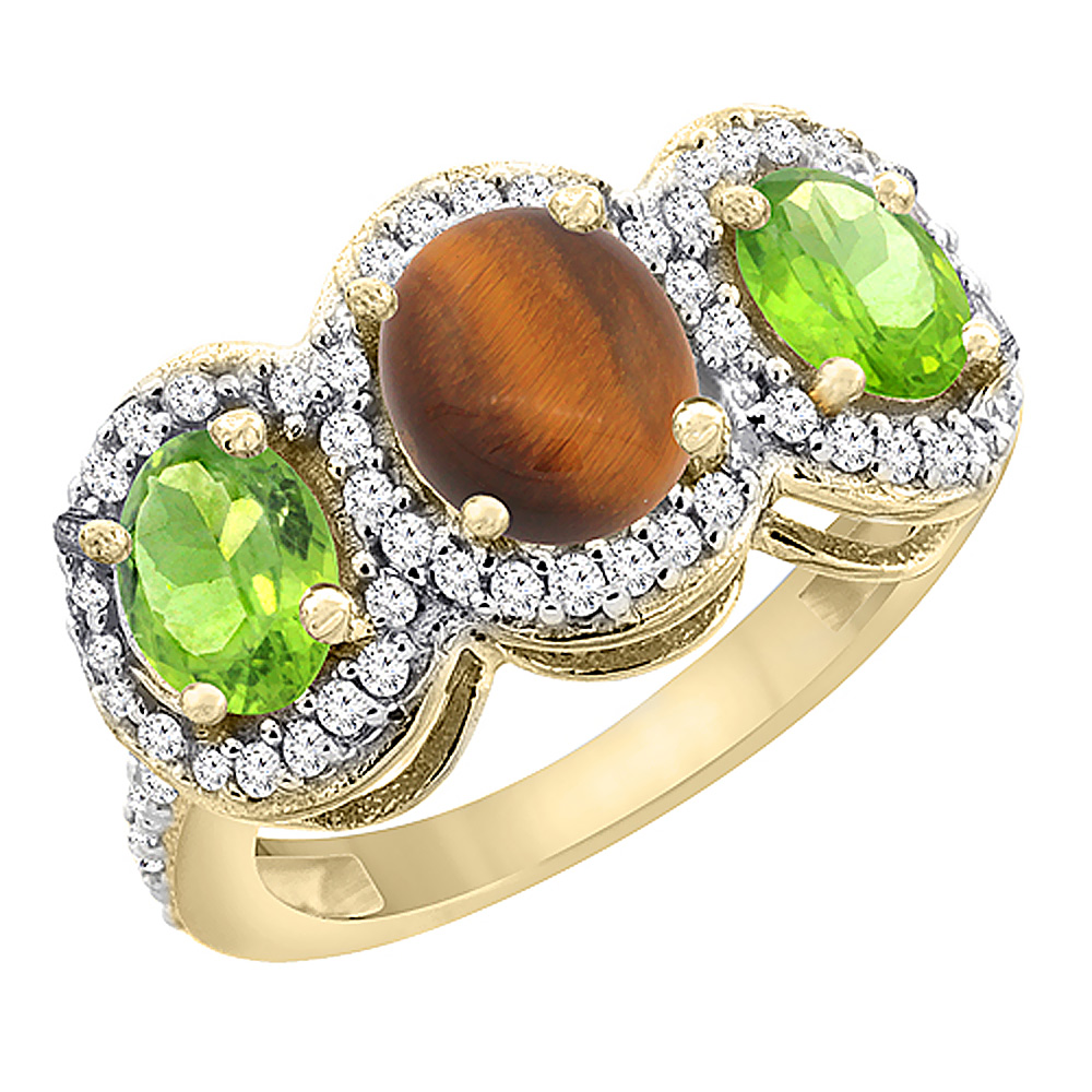 14K Yellow Gold Natural Tiger Eye & Peridot 3-Stone Ring Oval Diamond Accent, sizes 5 - 10