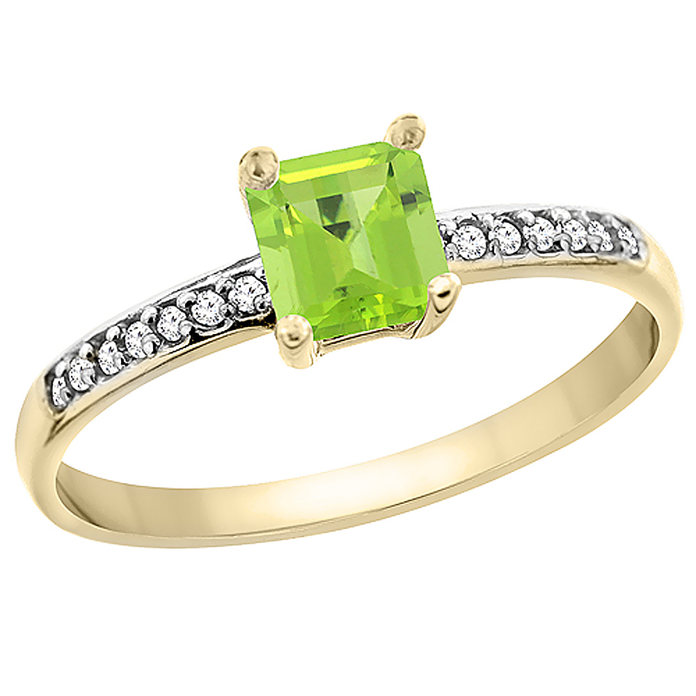 14K Yellow Gold Natural Peridot Ring Octagon 7x5 mm Diamond Accents