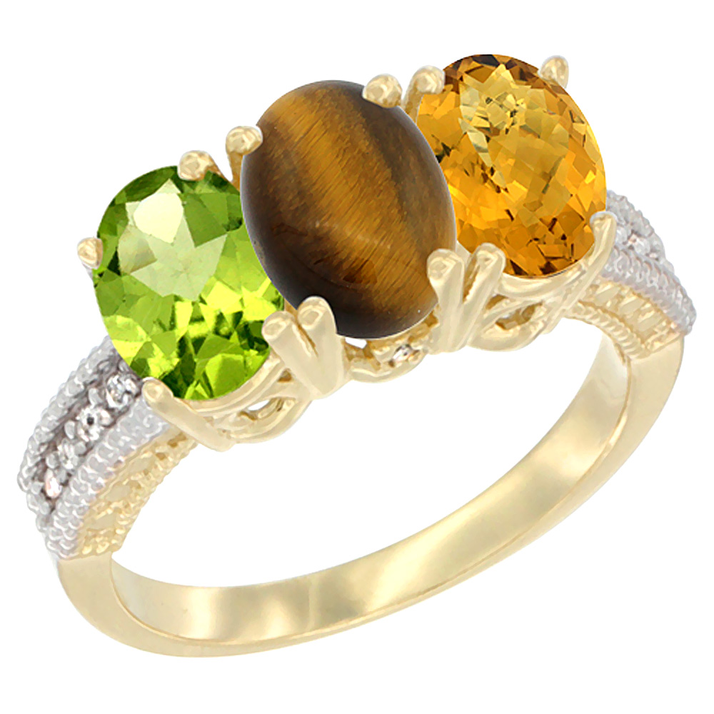 10K Yellow Gold Natural Peridot, Tiger Eye &amp; Whisky Quartz Ring 3-Stone Oval 7x5 mm, sizes 5 - 10