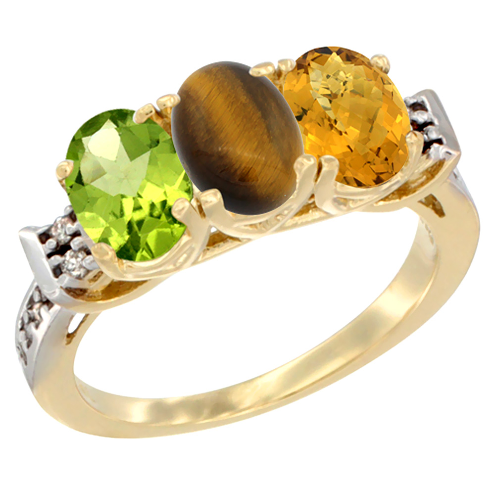10K Yellow Gold Natural Peridot, Tiger Eye & Whisky Quartz Ring 3-Stone Oval 7x5 mm Diamond Accent, sizes 5 - 10