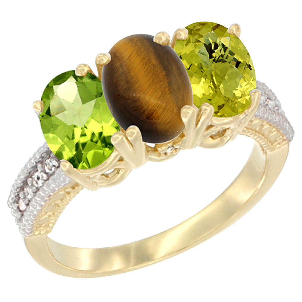 14K Yellow Gold Natural Peridot, Tiger Eye &amp; Lemon Quartz Ring 3-Stone Oval 7x5 mm Diamond Accent, sizes 5 - 10