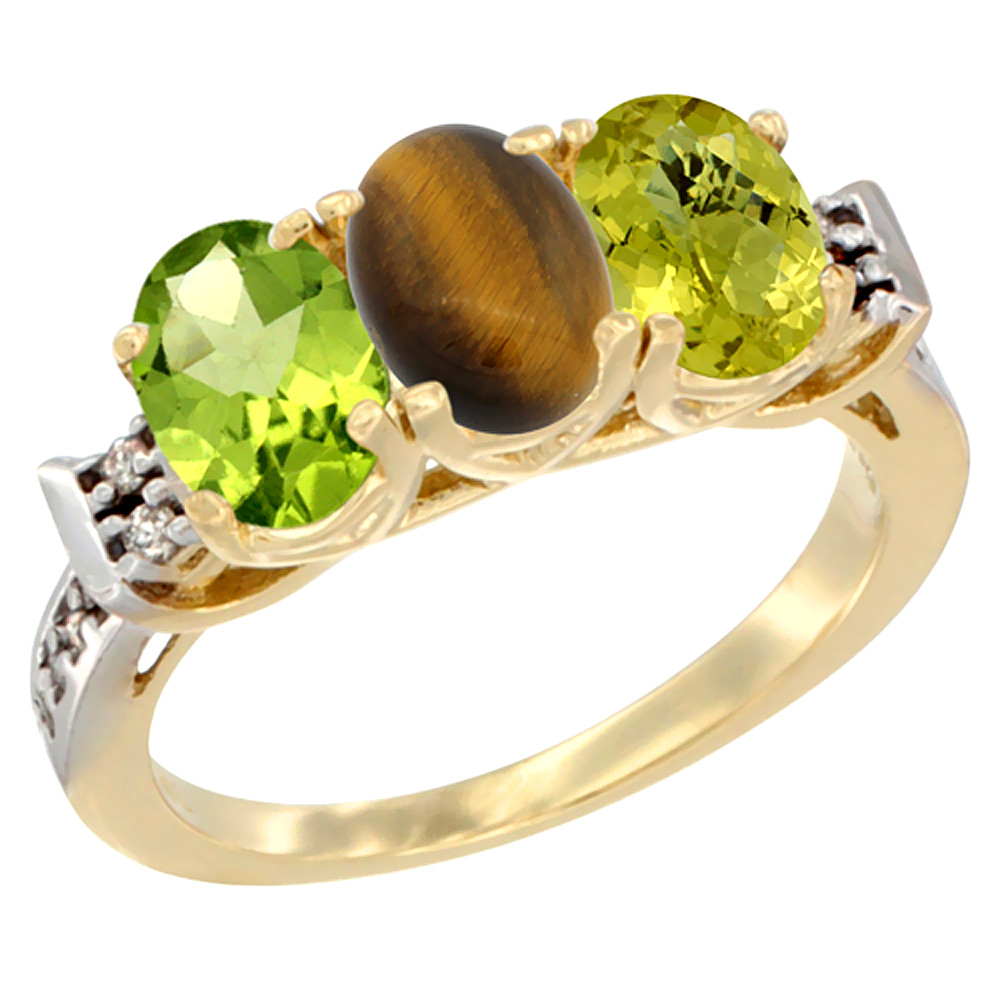 14K Yellow Gold Natural Peridot, Tiger Eye & Lemon Quartz Ring 3-Stone Oval 7x5 mm Diamond Accent, sizes 5 - 10