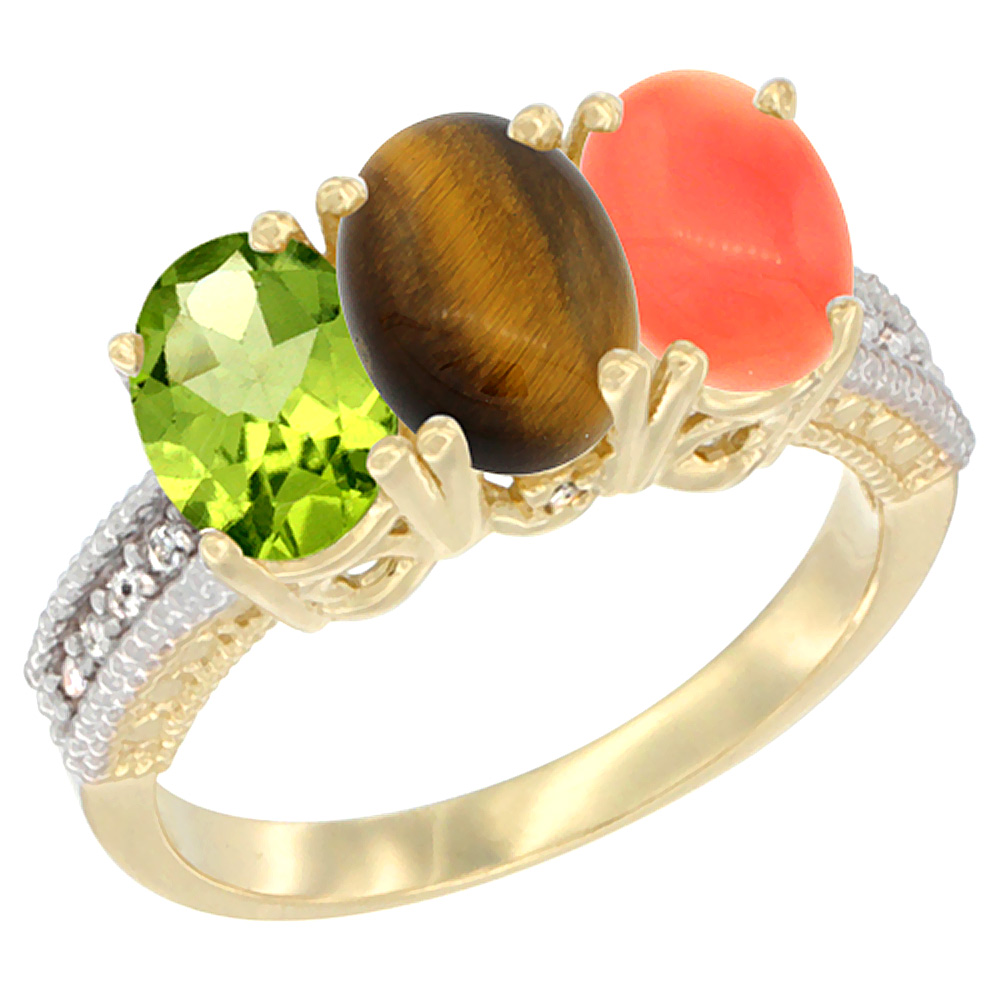 14K Yellow Gold Natural Peridot, Tiger Eye &amp; Coral Ring 3-Stone Oval 7x5 mm Diamond Accent, sizes 5 - 10