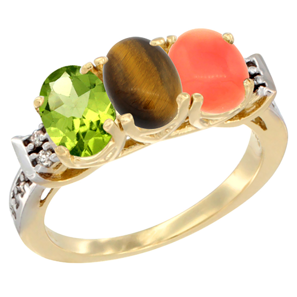 14K Yellow Gold Natural Peridot, Tiger Eye &amp; Coral Ring 3-Stone Oval 7x5 mm Diamond Accent, sizes 5 - 10