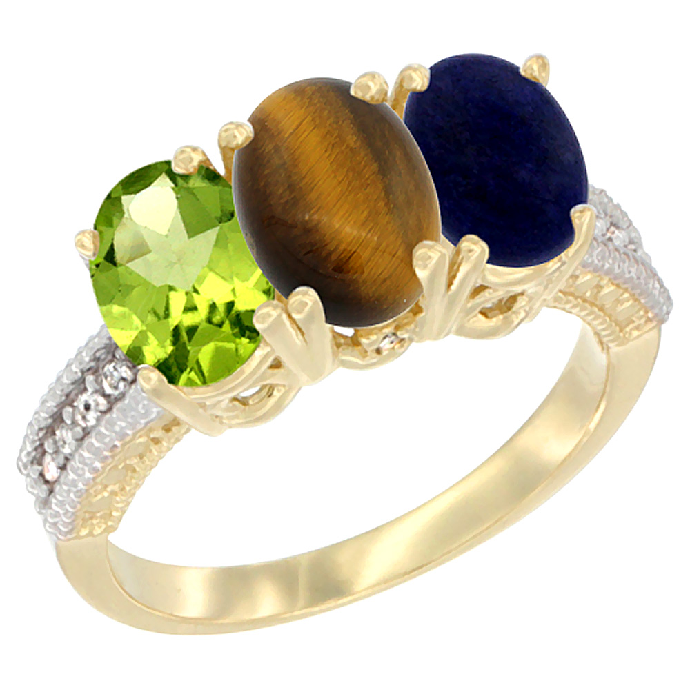 10K Yellow Gold Natural Peridot, Tiger Eye &amp; Lapis Ring 3-Stone Oval 7x5 mm, sizes 5 - 10