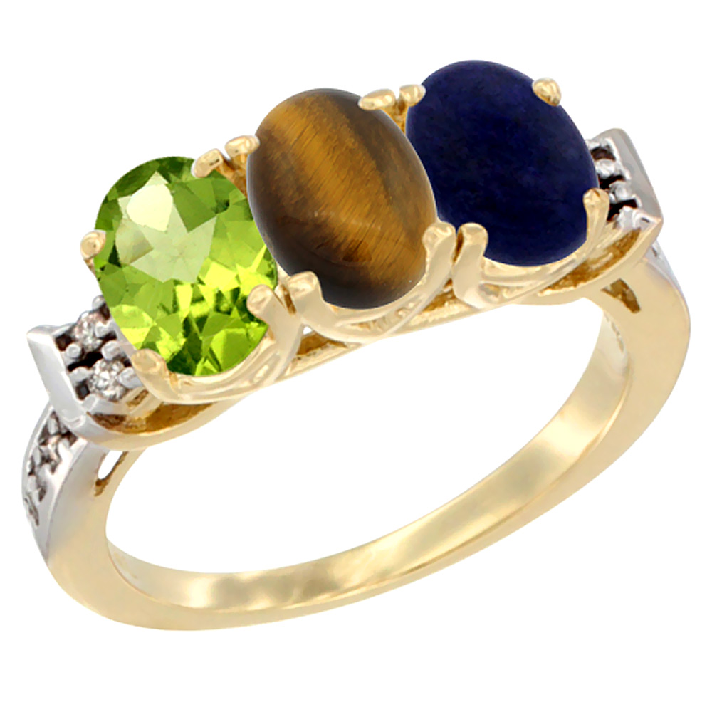 14K Yellow Gold Natural Peridot, Tiger Eye &amp; Lapis Ring 3-Stone Oval 7x5 mm Diamond Accent, sizes 5 - 10