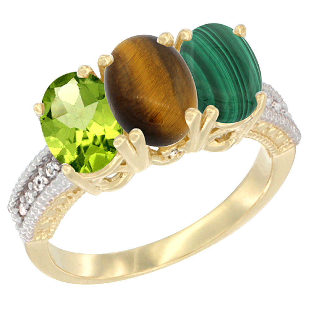 14K Yellow Gold Natural Peridot, Tiger Eye & Malachite Ring 3-Stone Oval 7x5 mm Diamond Accent, sizes 5 - 10