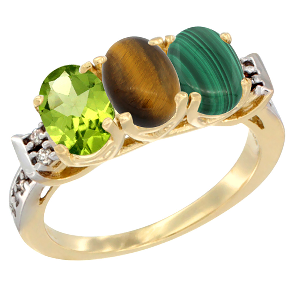 10K Yellow Gold Natural Peridot, Tiger Eye & Malachite Ring 3-Stone Oval 7x5 mm Diamond Accent, sizes 5 - 10