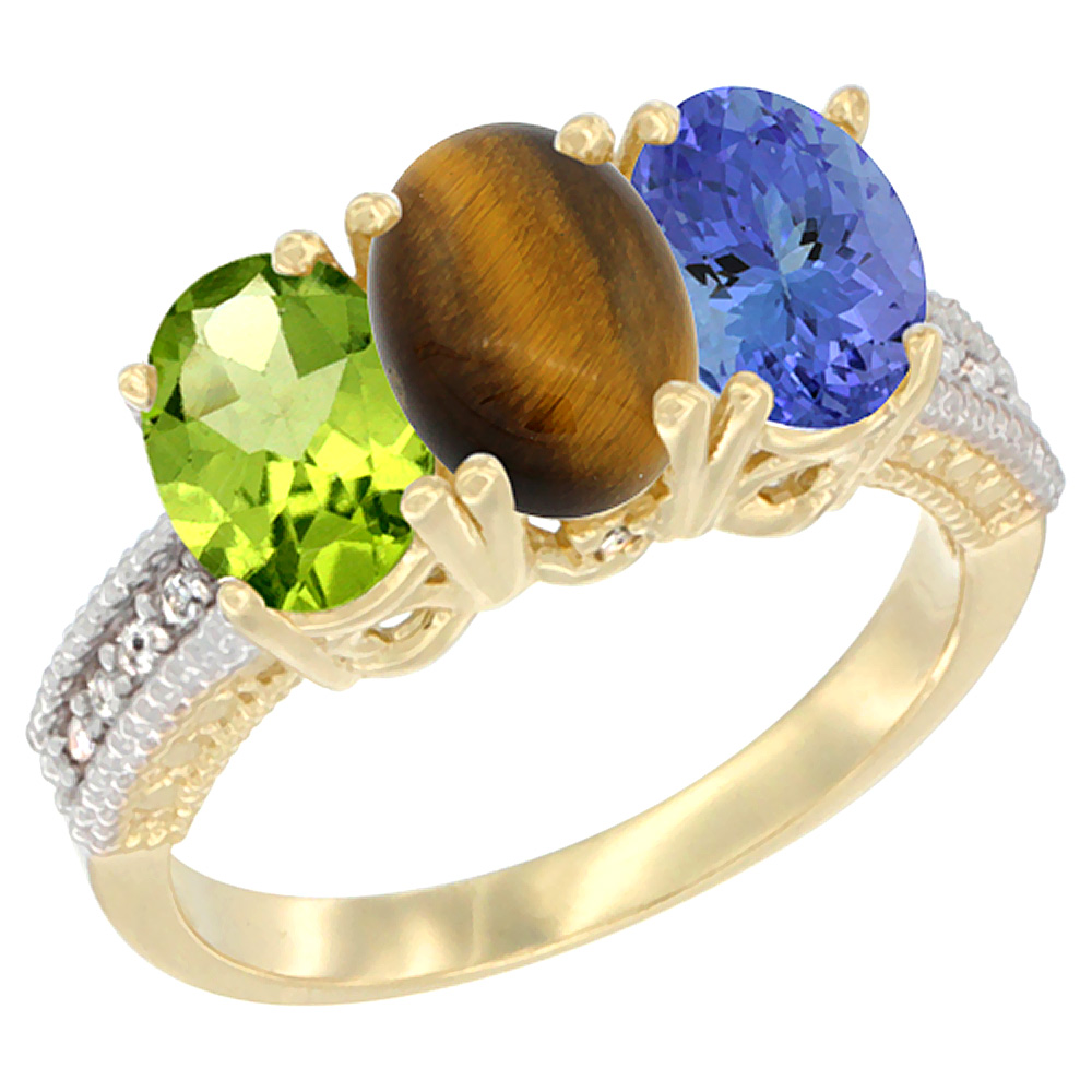 14K Yellow Gold Natural Peridot, Tiger Eye & Tanzanite Ring 3-Stone Oval 7x5 mm Diamond Accent, sizes 5 - 10