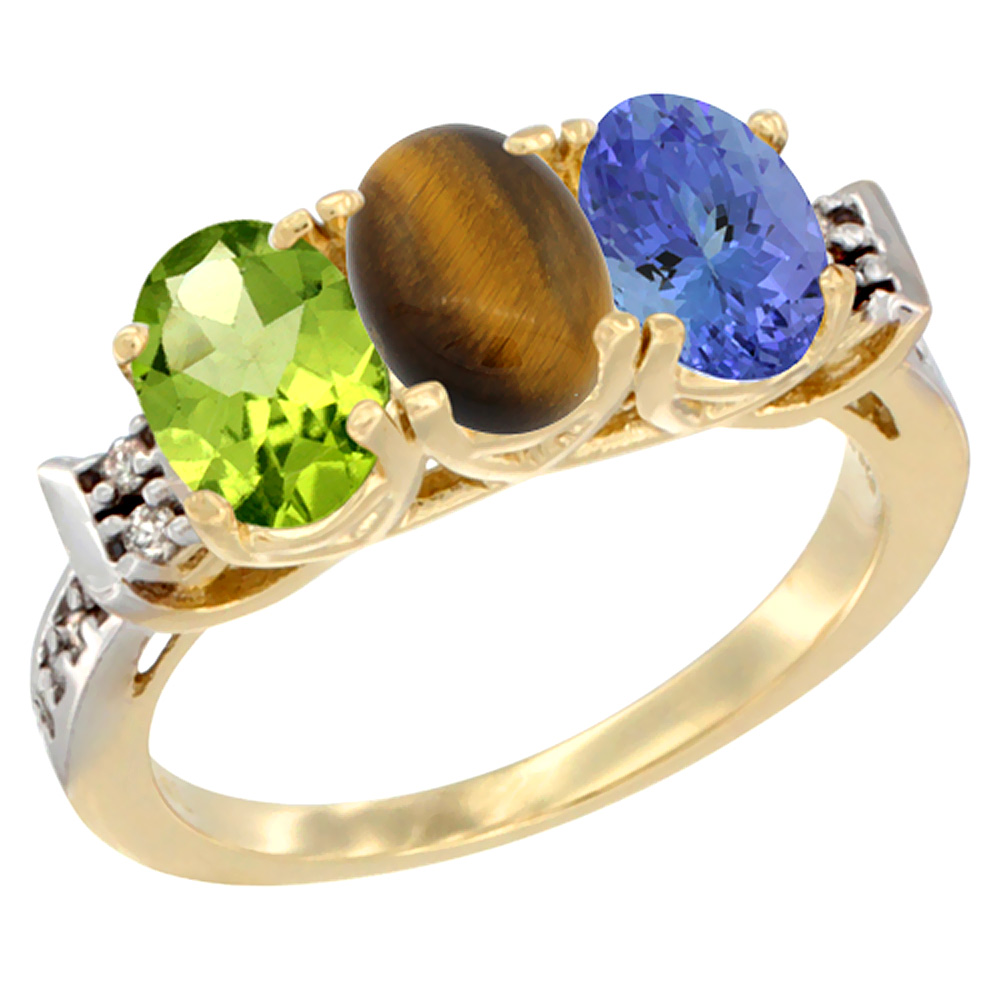 10K Yellow Gold Natural Peridot, Tiger Eye &amp; Tanzanite Ring 3-Stone Oval 7x5 mm Diamond Accent, sizes 5 - 10