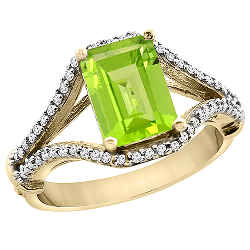 14K Yellow Gold Natural Peridot Ring Octagon 8x6 mm with Diamond Accents, sizes 5 - 10