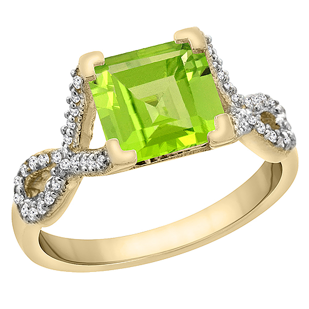 14K Yellow Gold Natural Peridot Ring Square 7x7 mm Diamond Accents, sizes 5 to 10