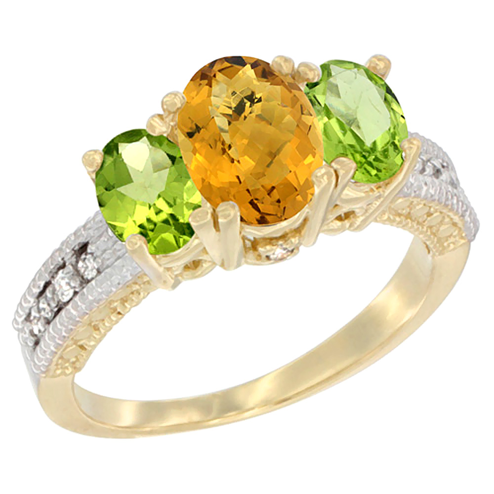 14K Yellow Gold Diamond Natural Whisky Quartz Ring Oval 3-stone with Peridot, sizes 5 - 10