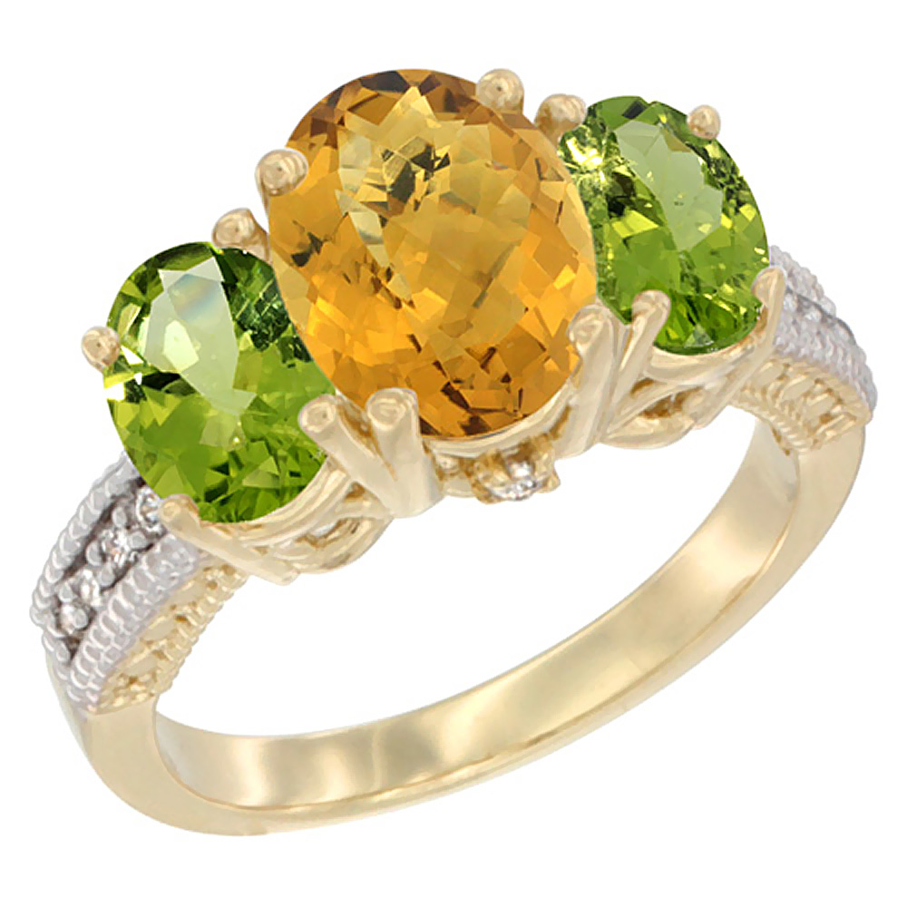 14K Yellow Gold Diamond Natural Whisky Quartz Ring 3-Stone Oval 8x6mm with Peridot, sizes5-10